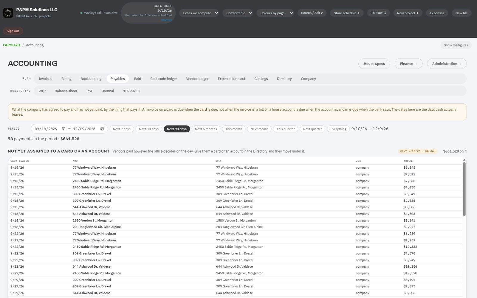 Axis accounting payables list showing upcoming payments by vendor and job