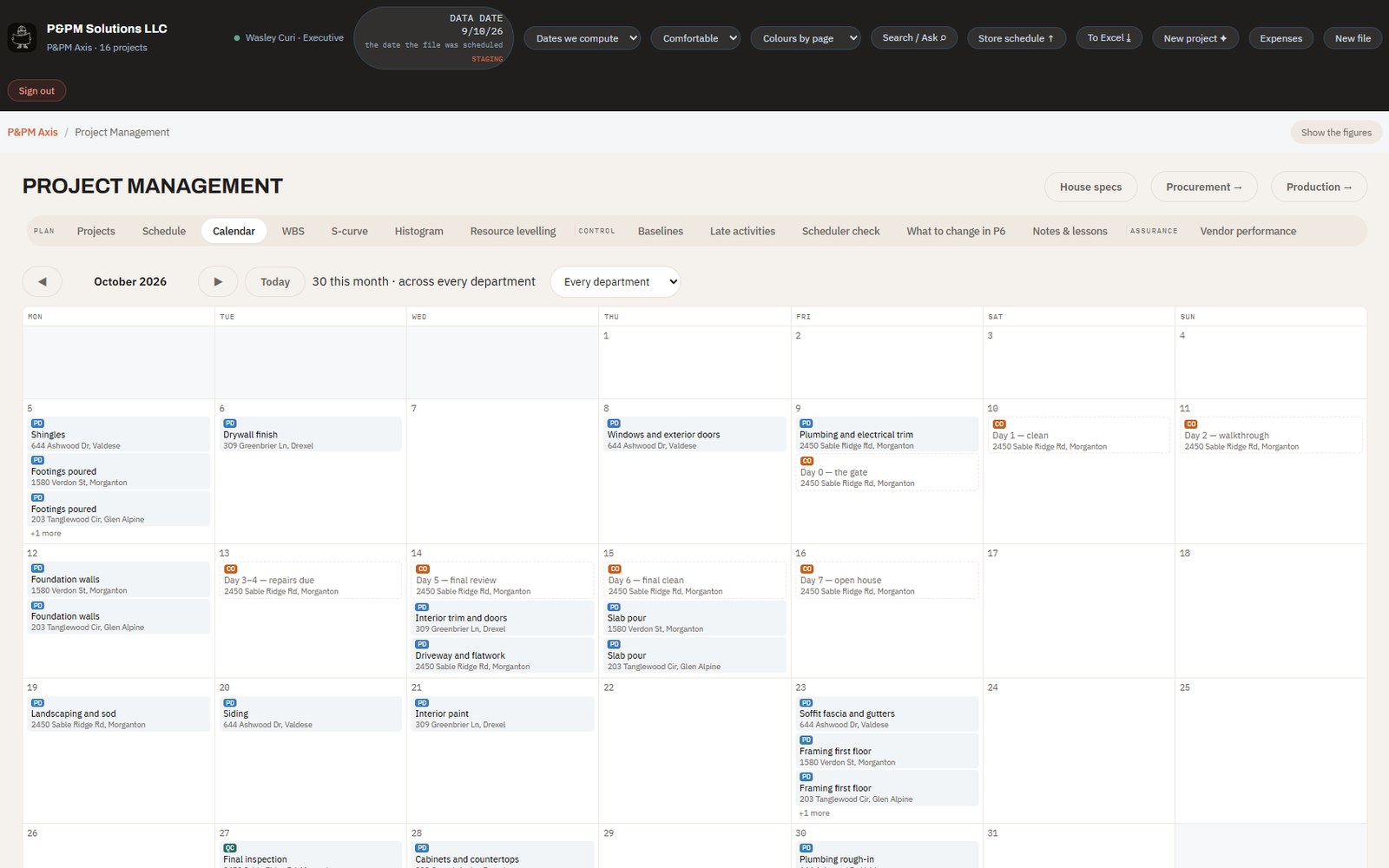 Axis calendar view showing scheduled activities across departments for one month