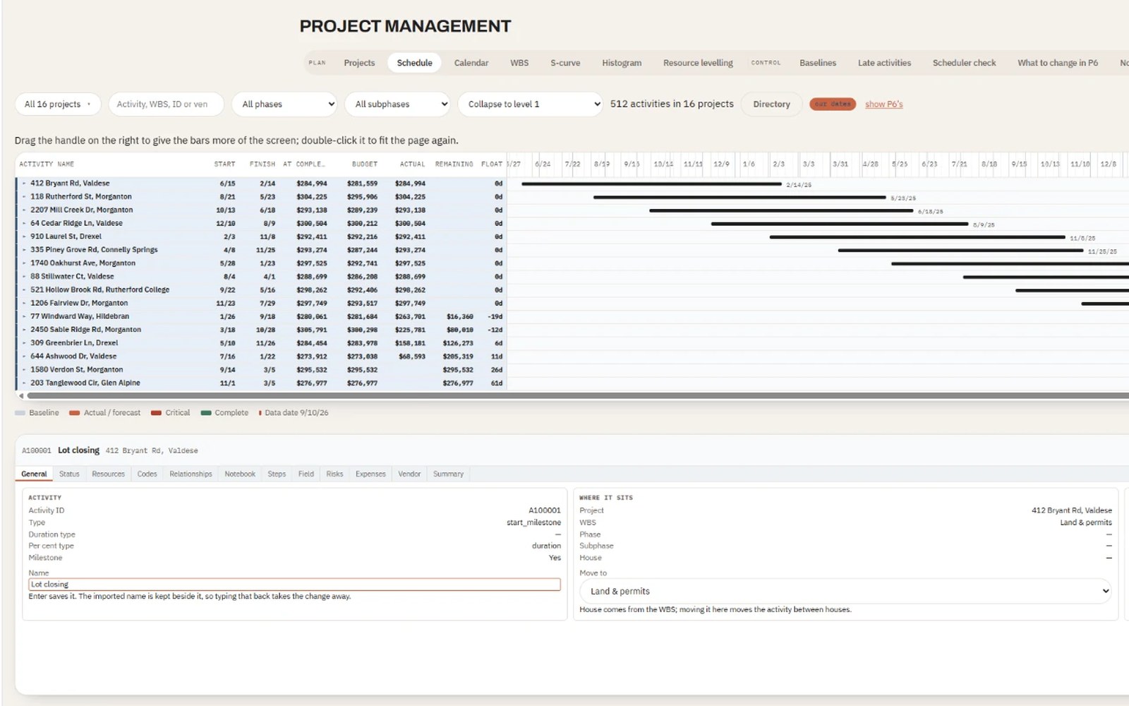 Axis Gantt view showing sixteen houses on one critical-path timeline